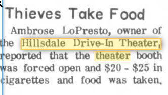 Hillsdale Drive-In Theatre - Food Stolen Sep 30 1968